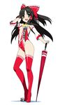  :d alternate_costume black_hair blush boots bow breasts brown_eyes cleavage closed_umbrella detached_sleeves hair_bow hakurei_reimu highleg highleg_leotard hyouju_issei leotard long_hair looking_at_viewer navel open_mouth planted_umbrella race_queen red_leotard simple_background small_breasts smile solo thigh_boots thighhighs touhou umbrella white_background 