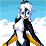  beak bird breasts feather female graphite_(artist) hair looking_at_viewer nude penguin pussy scarf snow solo white_hair 