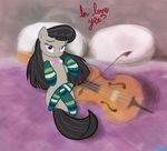  bed black_hair bow bow_(stringed_instrument) bow_tie cello english_text equine female friendship_is_magic hair horse legwear looking_at_viewer lying mammal musical_instrument my_little_pony octavia_(mlp) on_back pillow pony purple_eyes socks solo stockings text will_draw_for_food willdrawforfood1 