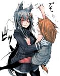  animal_ears ass ass_grab belt brown_hair carrying hair_ornament hair_pull hairclip heizen_(sigama) long_hair multiple_girls pain pantyhose pixiv_fantasia pixiv_fantasia_5 red_eyes scar sigama tail uniform wavy_mouth whiskers white_hair wolf_ears 