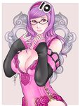  bad_id bad_pixiv_id breasts cleavage glasses hairband kusagami_style large_breasts lips long_hair nail_polish original purple_hair signature simple_background solo standing 