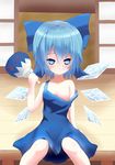  akabane_hitsugi aqua_eyes blue_hair blush bow cirno clenched_teeth collarbone fan hair_bow ice ice_wings short_hair solo strap_slip teeth touhou wings 