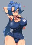  armpits bad_id bad_pixiv_id blue_eyes blue_hair breasts cleavage curvy finger_in_mouth heart highres huge_breasts hun ibuki_(pokemon) long_hair looking_at_viewer name_tag one-piece_swimsuit pokemon pokemon_(game) pokemon_hgss ponytail saliva school_swimsuit shirt simple_background slender_waist solo swimsuit taut_clothes taut_shirt thick_thighs thighs tongue wet wide_hips 