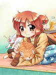  brown_eyes brown_hair cat kotatsu multiple_girls orange_juice original pajamas short_hair siblings sisters table zan_nekotama 