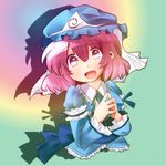  colorized hat japanese_clothes multicolored multicolored_background open_mouth pink_eyes pink_hair ribbon saigyouji_yuyuko short_hair smile solo touhou triangular_headpiece 