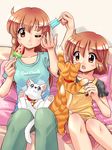  brown_eyes brown_hair cat couch long_hair multiple_girls one_eye_closed original pants pillow shirt short_hair siblings sisters zan_nekotama 