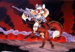 belt blue_eyes breasts canine cleavage clothed clothing female fox gun hat mammal military ranged_weapon smoke solo steve_martin taur weapon 