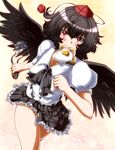  black_hair blush bread camera egg food food_in_mouth hat highres looking_at_viewer mouth_hold red_eyes shameimaru_aya short_hair skirt solo toast toast_in_mouth tokin_hat touhou wings zan_(harukahime) 
