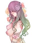  bad_id bad_pixiv_id breasts collar flower kusagami_style large_breasts long_hair nipples original profile simple_background solo tattoo topless white_background 