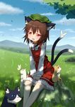  animal animal_ears brown_hair bug butterfly butterfly_on_tail cat cat_ears cat_tail chen cloud day earrings field grass hat insect jewelry long_sleeves monmonga multiple_tails open_mouth red_eyes rock short_hair sky solo tail tears touhou tree 