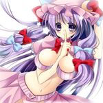  alternate_costume blush bow breasts crescent hair_bow heart large_breasts long_hair navel patchouli_knowledge purple_eyes purple_hair solo star suzuki_nene touhou very_long_hair white_background 
