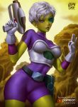  1girl armor breastplate breasts chirai curvy dragon_ball dragon_ball_super female gloves green_skin gun logan_cure looking_at_viewer patreon purple_eyes shiny short_hair sky smile solo sweat thighs weapon white_hair 