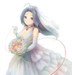  ahoge blue_hair bokkotebukuro bouquet breasts bridal_veil cleavage dress elbow_gloves flower gloves idolmaster idolmaster_(classic) medium_breasts miura_azusa red_string short_hair smile string veil wedding_dress white_dress 