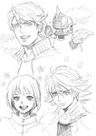  3boys bud_(korovsme) chibi cloud dual_persona graphite_(medium) greyscale helmet huang_baoling ivan_karelin monochrome multiple_boys short_hair sketch sky_high tiger_&amp;_bunny traditional_media waving 