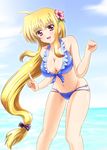  :d bikini blonde_hair blush breasts cleavage diesel-turbo fate_testarossa flower groin hair_flower hair_ornament hibiscus large_breasts long_hair lyrical_nanoha mahou_shoujo_lyrical_nanoha_strikers md5_mismatch ocean open_mouth red_eyes smile solo swimsuit very_long_hair water 
