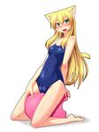  animal_ears aqua_eyes barefoot blonde_hair blush cat_ears cat_tail covered_navel fang fat_mons kickboard kneeling long_hair nokoppa one-piece_swimsuit open_mouth original pussy_juice sidelocks simple_background solo swimsuit tail white_background 
