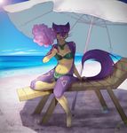  beach beach_umbrella breasts cat clothed clothing cotton_candy daria_arbuz feline female liepard looking_at_viewer mammal navel nintendo parasol pok&#233;mon pok&#233;morph pok&eacute;mon pok&eacute;morph purrloin seaside skimpy solo swimsuit video_games 