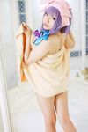 1girl asian bath cosplay covering female highres nude nude_cover patchouli_knowledge photo purple_hair tenshi_myu touhou towel 