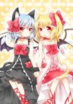  alternate_costume animal_ears bat_wings bell black_dress blonde_hair blue_hair bow cat_ears cat_tail choker collarbone crystal dress flandre_scarlet frills hair_bow holding_hands kemonomimi_mode mimi_(mimi_puru) multiple_girls open_mouth pink_dress red_eyes remilia_scarlet siblings side_ponytail sisters sleeveless tail touhou wings wrist_cuffs 