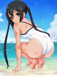  :o alternate_color ass back bare_shoulders barefoot beach black_hair brown_eyes day feet highres k-on! looking_at_viewer looking_back nakano_azusa one-piece_swimsuit rasukaru solo squatting swimsuit tan tiptoes twintails wading water 