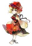  aki_minoriko ankle_ribbon apron barefoot blonde_hair food fruit full_body grapes hat long_sleeves mare_(sunanako) ribbon short_hair simple_background smile solo touhou white_background wide_sleeves 