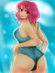  back bad_id bad_pixiv_id bare_shoulders breasts lips looking_back medium_breasts mochinya21 no_hat no_headwear one-piece_swimsuit pink_hair red_eyes saigyouji_yuyuko short_hair smile solo swimsuit touhou 