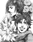  :d bob_cut bruno_buccellati bud_(korovsme) flower graphite_(medium) greyscale hair_ornament hairclip jojo_no_kimyou_na_bouken joseph_joestar_(young) lily_(flower) male_focus monochrome multiple_boys open_mouth scarf smile traditional_media 