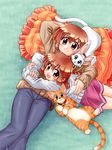  brown_eyes brown_hair cat frilled_pillow frills multiple_girls original pants pillow short_hair siblings sisters skirt sweater zan_nekotama 