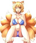  animal_ears bad_id bad_pixiv_id barefoot bikini blonde_hair breasts collarbone feet fox_ears fox_tail full_body heart large_breasts multiple_tails navel no_hat no_headwear one_eye_closed open_mouth revision solo swimsuit tail toenails touhou transparent_background yakumo_ran yellow_eyes yuuichirou_(i_love_hitagi) 