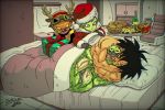  1girl 2boys alien bah_(dragon_ball) bed black_hair broly_(dragon_ball_super) character_request chirai christmas dated dragon_ball dragon_ball_super female food gloves green_skin happy hat lying multiple_boys muscle no_humans santa_hat scar shiny short_hair simple_background sleeping smile what white_hair 