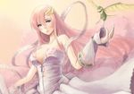  bad_id bad_pixiv_id bare_shoulders bird blue_eyes breasts detached_sleeves dress gundam gundam_seed hair_ornament highres lacus_clyne large_breasts long_hair pandea_work pink_hair shawl torii_(gundam) upper_body 