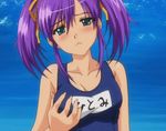  1girl animated animated_gif aqua_eyes blush breasts embarrassed fondling groping hair_ribbon hitomi_(school_i) lowres ocean open_mouth purple_hair ribbon school_i school_swimsuit sea swimsuit twintails 