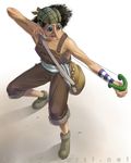  1boy bag bandanna black_hair fighting_stance full_body goggles male male_focus one_piece overalls sash slingshot solo standing usopp weapon 