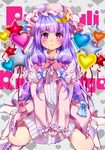  ahoge balloon blush bow capelet character_name cream crescent hair_bow hat heart long_hair long_sleeves motiking patchouli_knowledge purple_eyes purple_hair solo star touhou very_long_hair 
