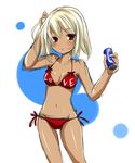  bikini blonde_hair brown_eyes can highres nali_(sougetu1110) original short_hair soda_can solo swimsuit tan 