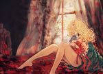  bad_id bad_pixiv_id bare_legs barefoot bed blonde_hair curtains flower highres hpknight ib legs long_hair mary_(ib) petals profile red_flower red_rose rose rose_petals sitting wavy_hair window yellow_flower yellow_rose 