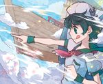  black_hair cloud flying green_eyes hat inuinui murasa_minamitsu outstretched_arms palanquin_ship pointing puffy_sleeves ship short_hair short_sleeves sky solo tongue touhou watercraft wristband 