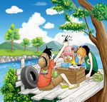  2boys beetle black_hair box bug goggles hat instrument kneeling male male_focus monkey_d_luffy multiple_boys one_piece outdoors reindeer sandals scenery sitting smile straw_hat tambourine tony_tony_chopper tree tree_house usopp water x_(symbol) 