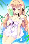  ;) blonde_hair blush breasts brown_eyes choker cleavage drink drinking_straw food frills hair_intakes hair_ornament hair_ribbon hairpin holding ice_cream ice_cream_float large_breasts long_hair looking_at_viewer melon_soda neck_ribbon off_shoulder one_eye_closed original partially_submerged ribbon ribbon_choker sakura_hanpen sleeveless smile solo water 