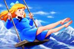  70s :d alps_no_shoujo_heidi barefoot blonde_hair blue blue_skirt bow day feet hair_bow happy klara_sesemann lafolie long_sleeves oldschool open_mouth red_eyes skirt sky smile soles solo swing toes world_masterpiece_theater 