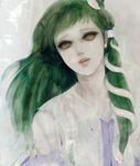  bare_shoulders green_hair grey grey_background hair_tubes kochiya_sanae lips long_hair neiko parted_lips realistic sad shirt sleeveless sleeveless_shirt snake solo touhou upper_body yellow_eyes 