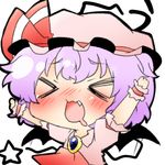  &gt;_&lt; :3 bat_wings blush closed_eyes fang hat lowres open_mouth purple_hair rebecca_(keinelove) remilia_scarlet ribbon short_hair solo touhou wings x3 yawning 