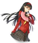  amagi_yukiko aran_sweater black_eyes black_hair cardigan fan folding_fan glasses hairband holding keg long_hair looking_at_viewer no_legs parted_lips persona persona_4 pleated_skirt simple_background skirt smile solo sweater white_background 