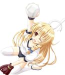  alternate_costume arm_up baseball baseball_mitt blonde_hair blush braid buruma collar gym_uniform hair_ribbon headband hiiragi_tomoka holding_up kirisame_marisa long_hair one_eye_closed open_mouth ribbon shirt short_sleeves sitting smile solo thighhighs touhou white_legwear yellow_eyes 