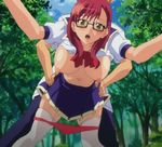  1girl against_tree animated animated_gif ass ass_grab bent_over bouncing_breasts breasts doggystyle forest glasses large_breasts long_hair nature nipples panties panty_pull red_hair red_panties rui_(school_i) school_i school_uniform sex tree underwear vaginal 