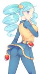  ace_trainer_(pokemon) ass ayamoto blue_hair breasts drill_hair holding holding_poke_ball large_breasts looking_at_viewer looking_back pantyhose poke_ball pokemon pokemon_(game) pokemon_bw2 purple_eyes simple_background skin_tight solo waist_poke_ball white_background 