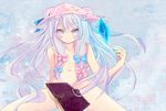  blue_hair blush book collarbone crescent crystal flat_chest hat heri long_hair multicolored_hair navel nude patchouli_knowledge pink_eyes pink_hair solo touhou two-tone_hair very_long_hair 