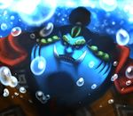  1boy black_hair blue_skin bubble cape highres jimbei looking_at_viewer male male_focus monster_boy one_piece ponytail solo tusks underwater water yellow_eyes 