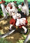  animal_ears bad_id bad_pixiv_id clog_sandals detached_sleeves dual_wielding hat highres holding inubashiri_momiji katana red_eyes short_hair solo sword tabi tail tokin_hat touhou weapon white_hair wide_sleeves wolf_ears wolf_tail yozuki_shokora 