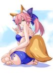  akawiro animal_ears ass barefoot bikini blue_bikini bow commentary_request fate/extra fate_(series) fingernails fox_ears fox_shadow_puppet fox_tail from_behind hair_bow hair_ribbon hand_on_hip hands looking_back pink_hair ribbon side-tie_bikini sitting smile soles solo swimsuit tail tamamo_(fate)_(all) tamamo_no_mae_(fate) tamamo_no_mae_(swimsuit_lancer)_(fate) toenails twintails wariza yellow_eyes 